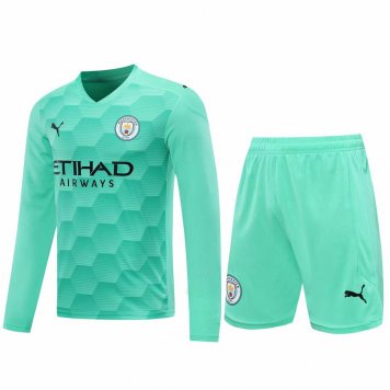 2020/21 Manchester City Goalkeeper Green Long Sleeve Mens Soccer Jersey Replica + Shorts Set