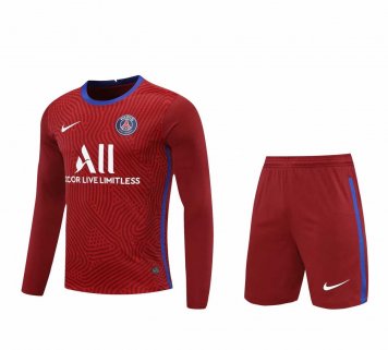 2020/21 PSG Goalkeeper Red Long Sleeve Mens Soccer Jersey Replica + Shorts Set