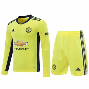 2020/21 Manchester United Goalkeeper Yellow Long Sleeve Mens Soccer Jersey Replica + Shorts Set
