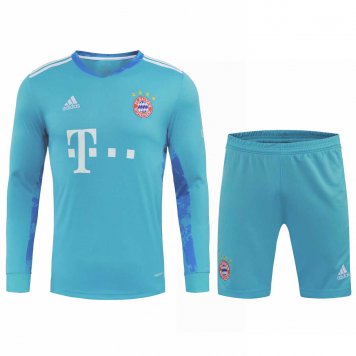 2020/21 Bayern Munich Goalkeeper Blue Long Sleeve Mens Soccer Jersey Replica + Shorts Set