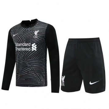 2020/21 Liverpool Goalkeeper Black Long Sleeve Mens Soccer Jersey Replica + Shorts Set