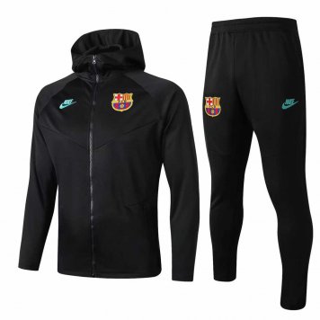 2019/20 Barcelona Hoodie Black Mens Soccer Training Suit(Jacket + Pants)