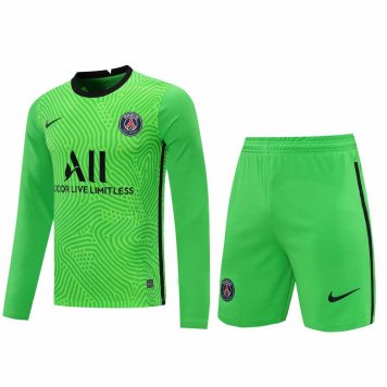 2020/21 PSG Goalkeeper Green Long Sleeve Mens Soccer Jersey Replica + Shorts Set