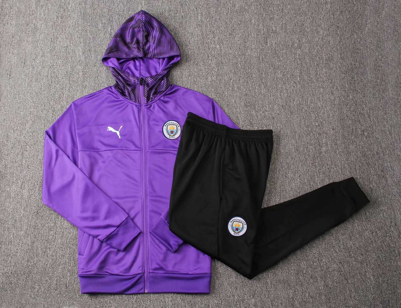 2019/20 Manchester City Hoodie Purple Mens Soccer Training Suit(Jacket + Pants)