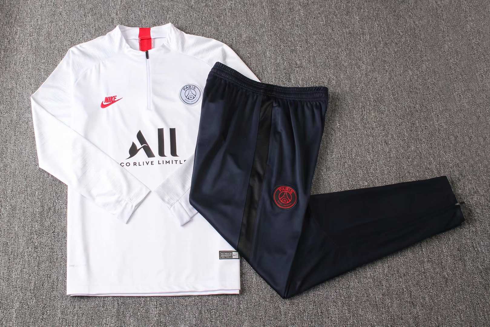 2019/20 PSG Half Zip White Mens Soccer Training Suit(Jacket + Pants)