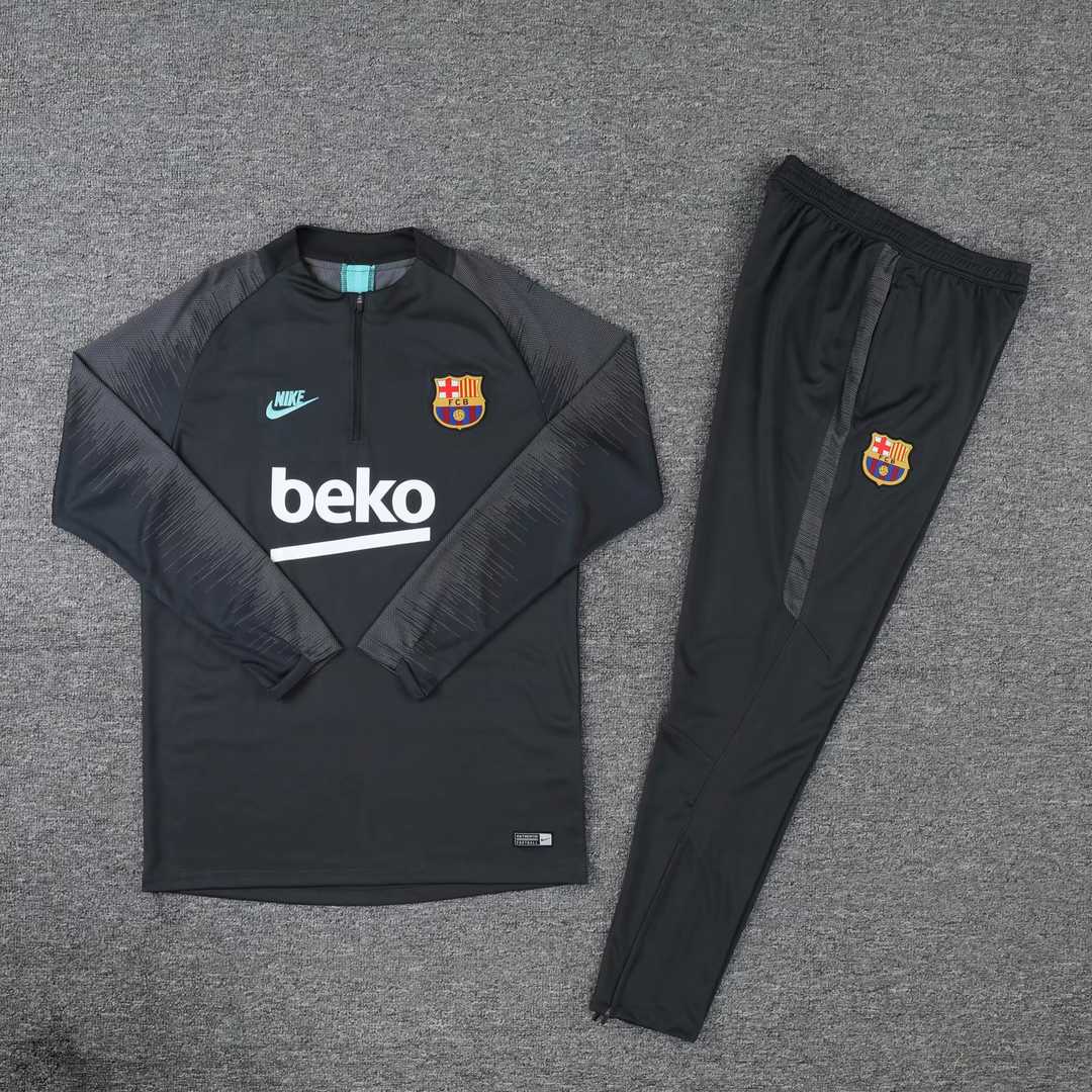 2019/20 Barcelona Half Zip Black Mens Soccer Training Suit(Jacket + Pants)