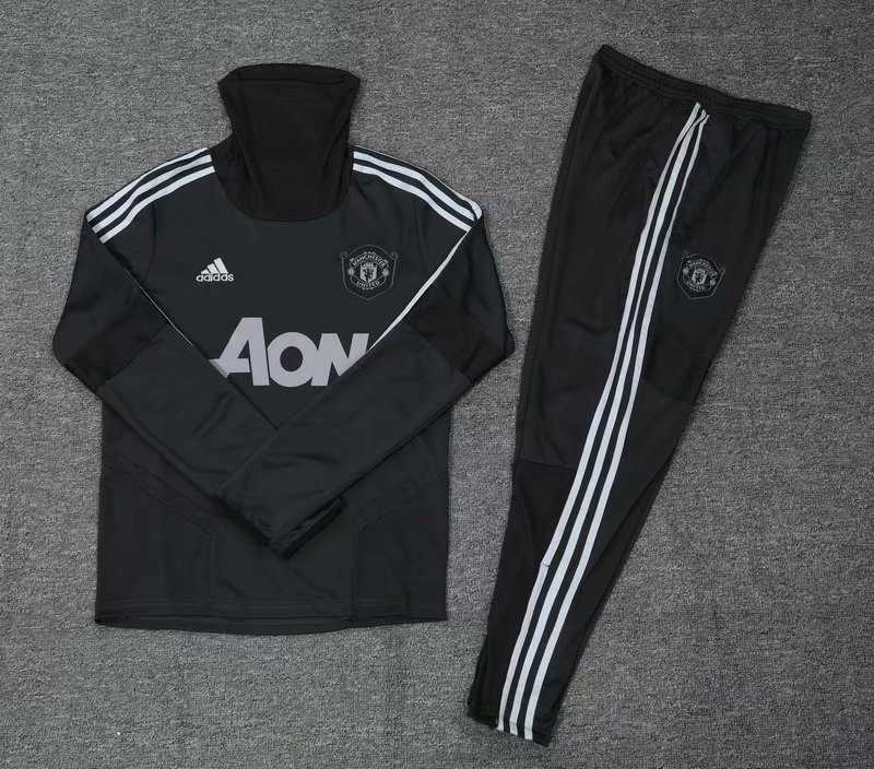 2019/20 Manchester United High Neck Black Mens Soccer Training Suit(Sweater + Pants)