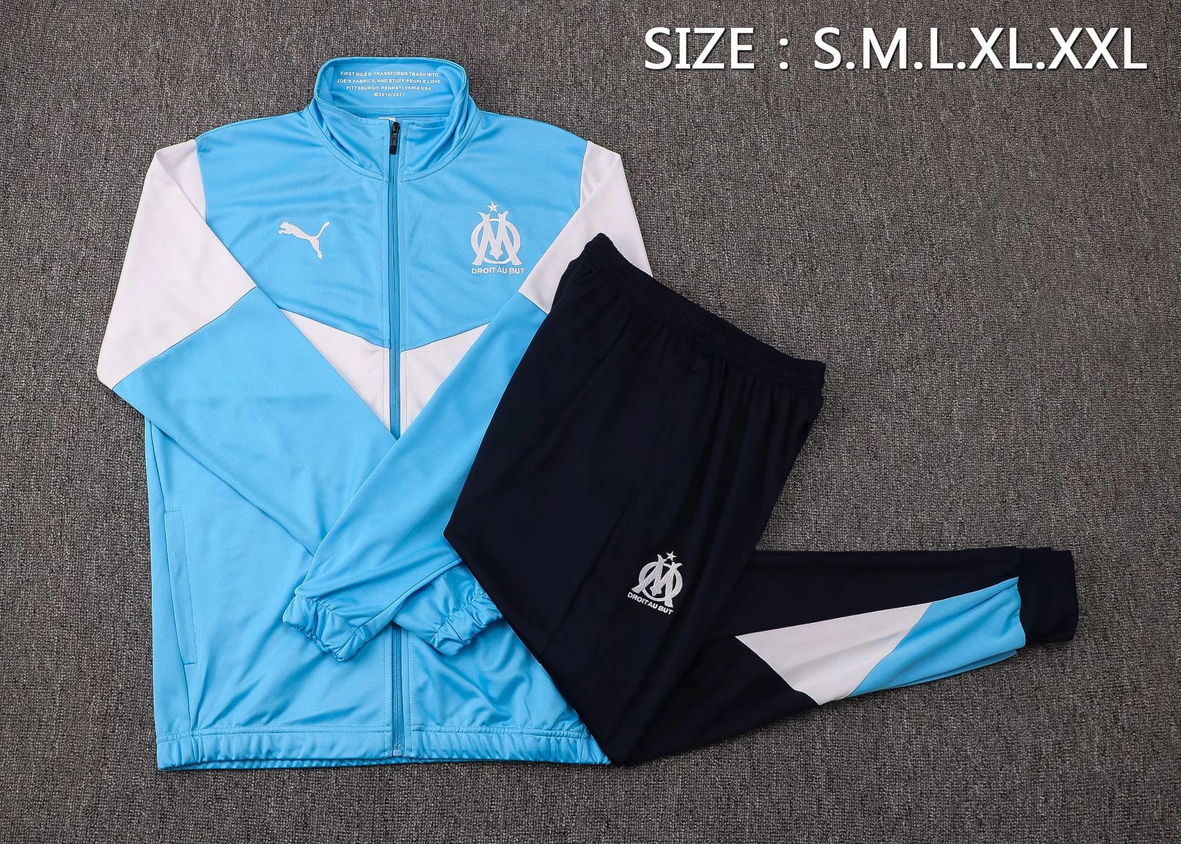 Olympique Marseille Soccer Training Suit Jacket + Pants Light Blue Mens 2021/22