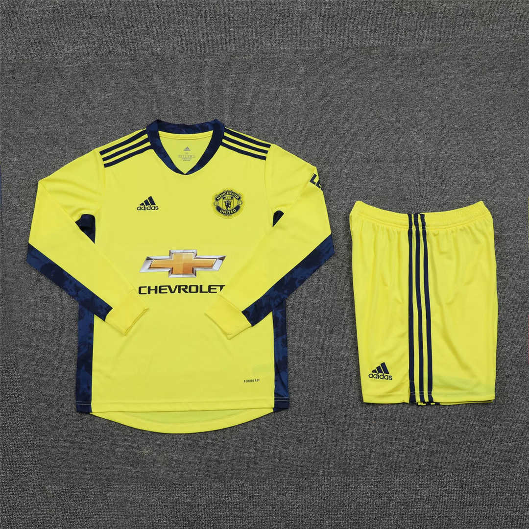 2020/21 Manchester United Goalkeeper Yellow Long Sleeve Mens Soccer Jersey Replica  + Shorts Set