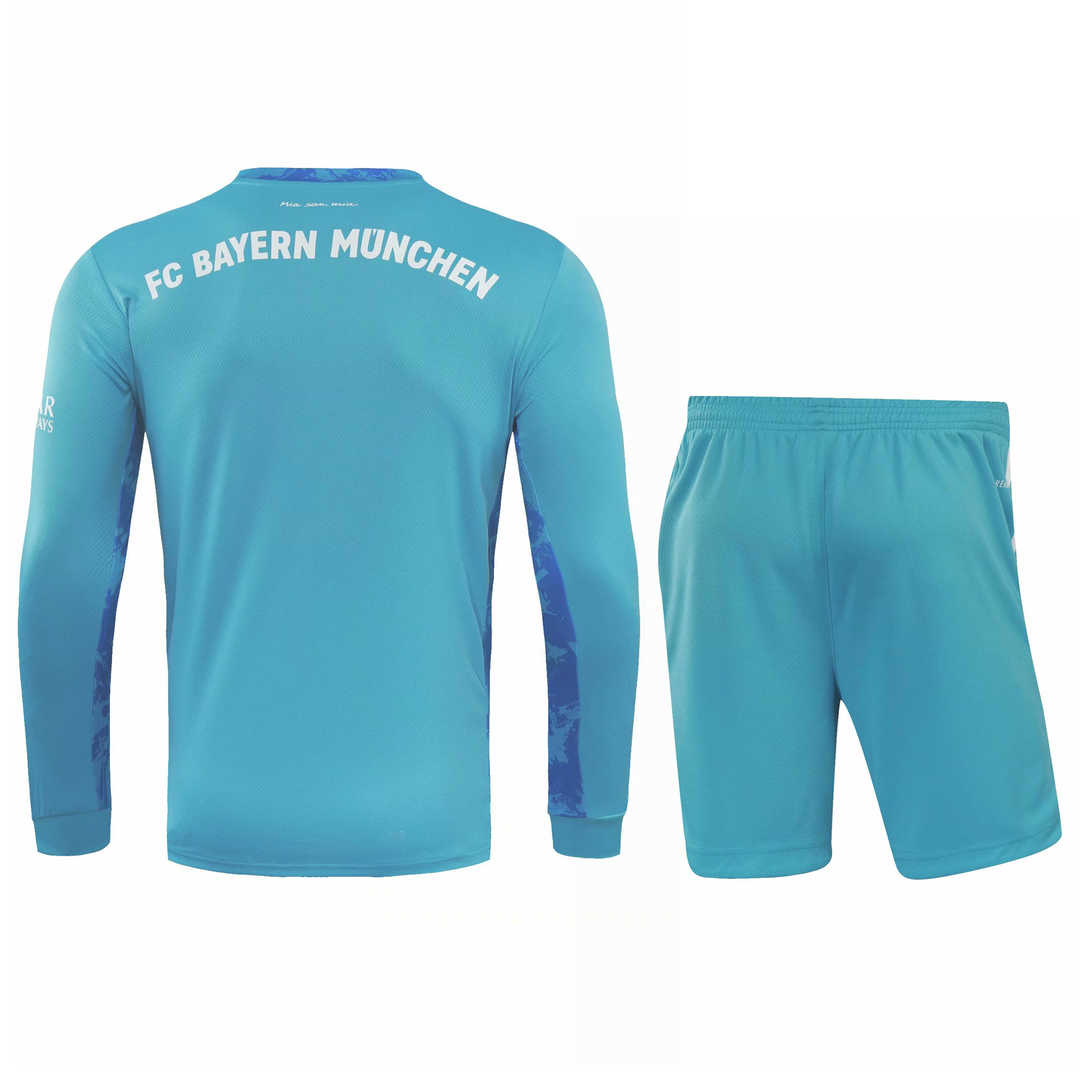 2020/21 Bayern Munich Goalkeeper Blue Long Sleeve Mens Soccer Jersey Replica  + Shorts Set