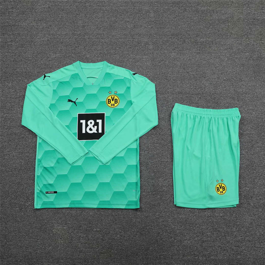 2020/21 Borussia Dortmund Goalkeeper Green Long Sleeve Mens Soccer Jersey Replica  + Shorts Set