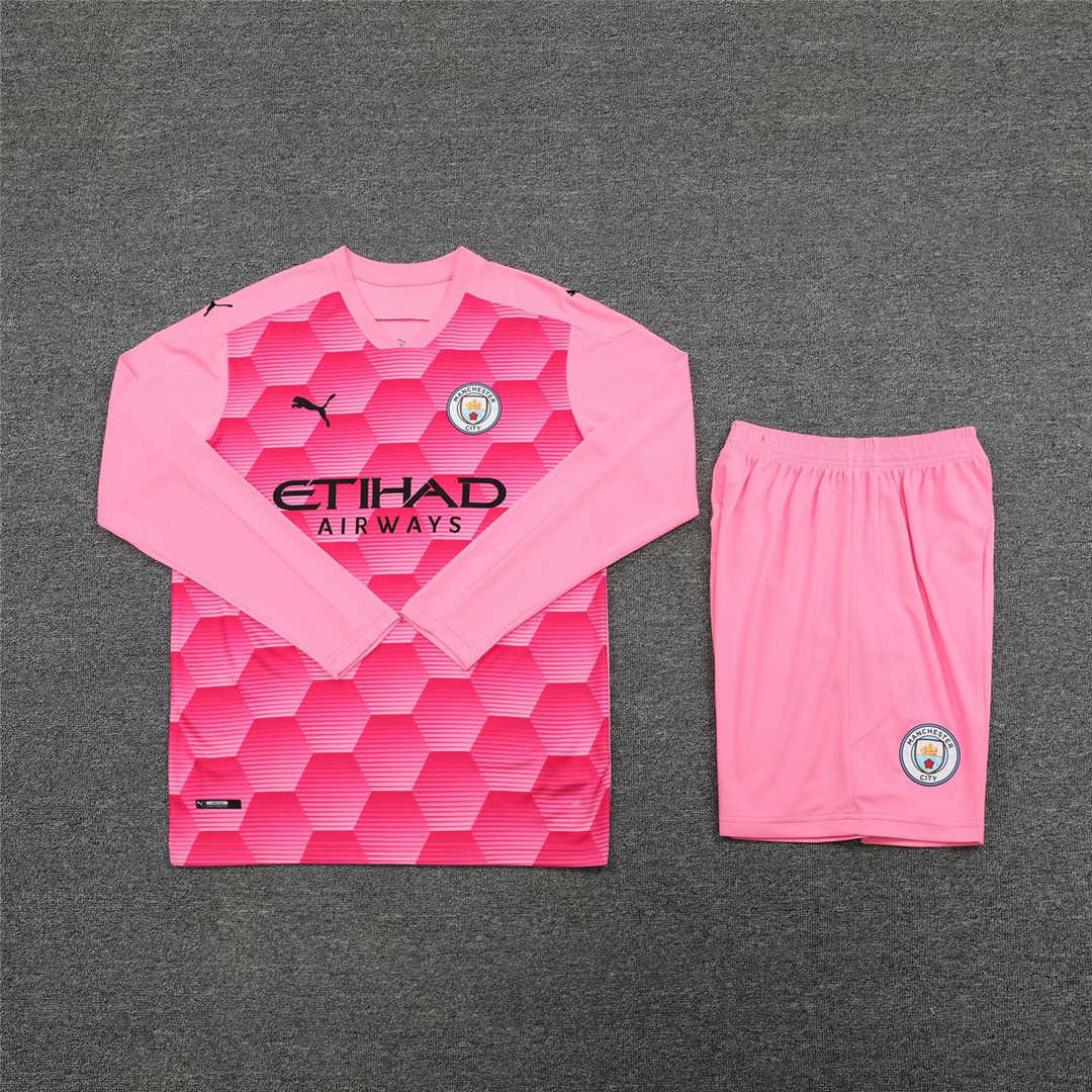 2020/21 Manchester City Goalkeeper Pink Long Sleeve Mens Soccer Jersey Replica  + Shorts Set