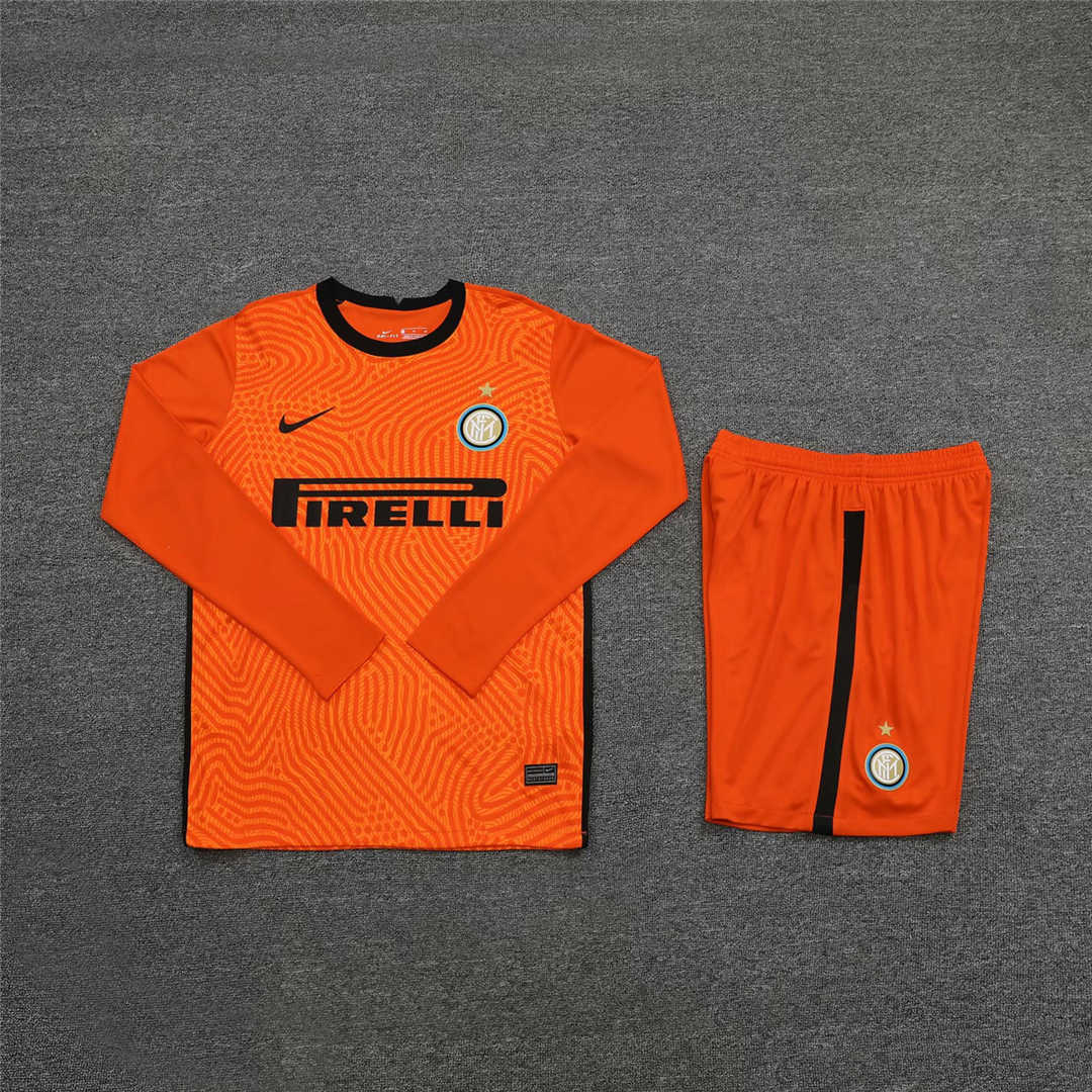 2020/21 Inter Milan Goalkeeper Orange Long Sleeve Mens Soccer Jersey Replica  + Shorts Set