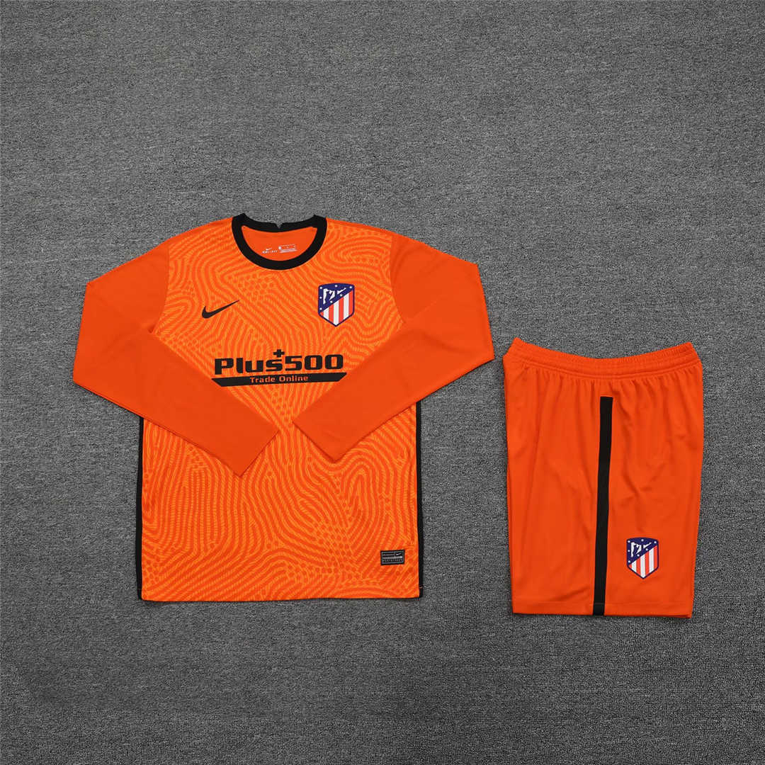 2020/21 Atletico Madrid Goalkeeper Orange Long Sleeve Mens Soccer Jersey Replica  + Shorts Set