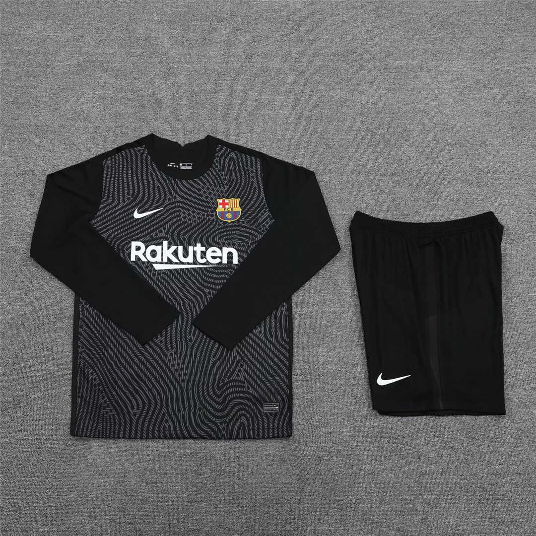 2020/21 Barcelona Goalkeeper Black Long Sleeve Mens Soccer Jersey Replica  + Shorts Set