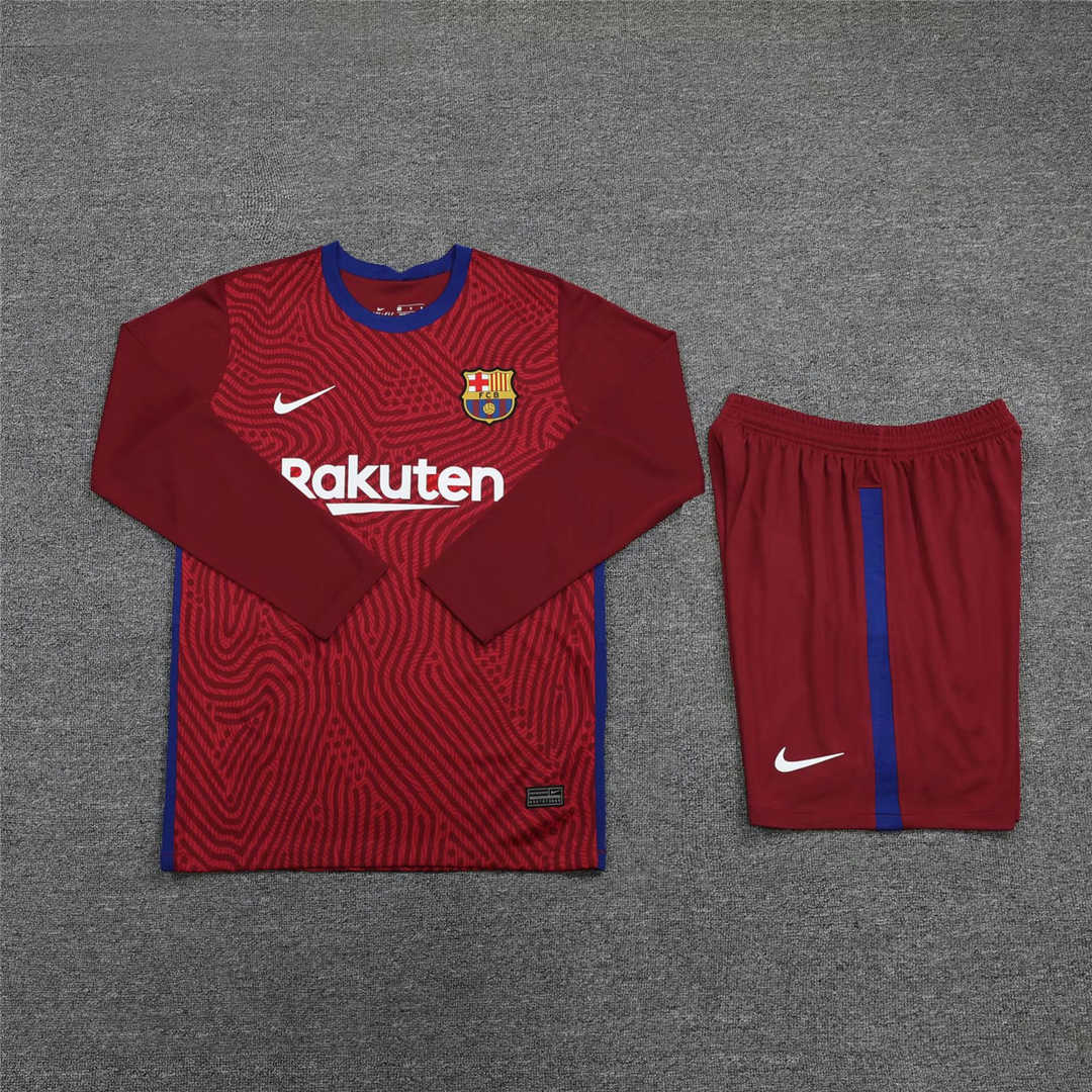 2020/21 Barcelona Goalkeeper Red Long Sleeve Mens Soccer Jersey Replica  + Shorts Set