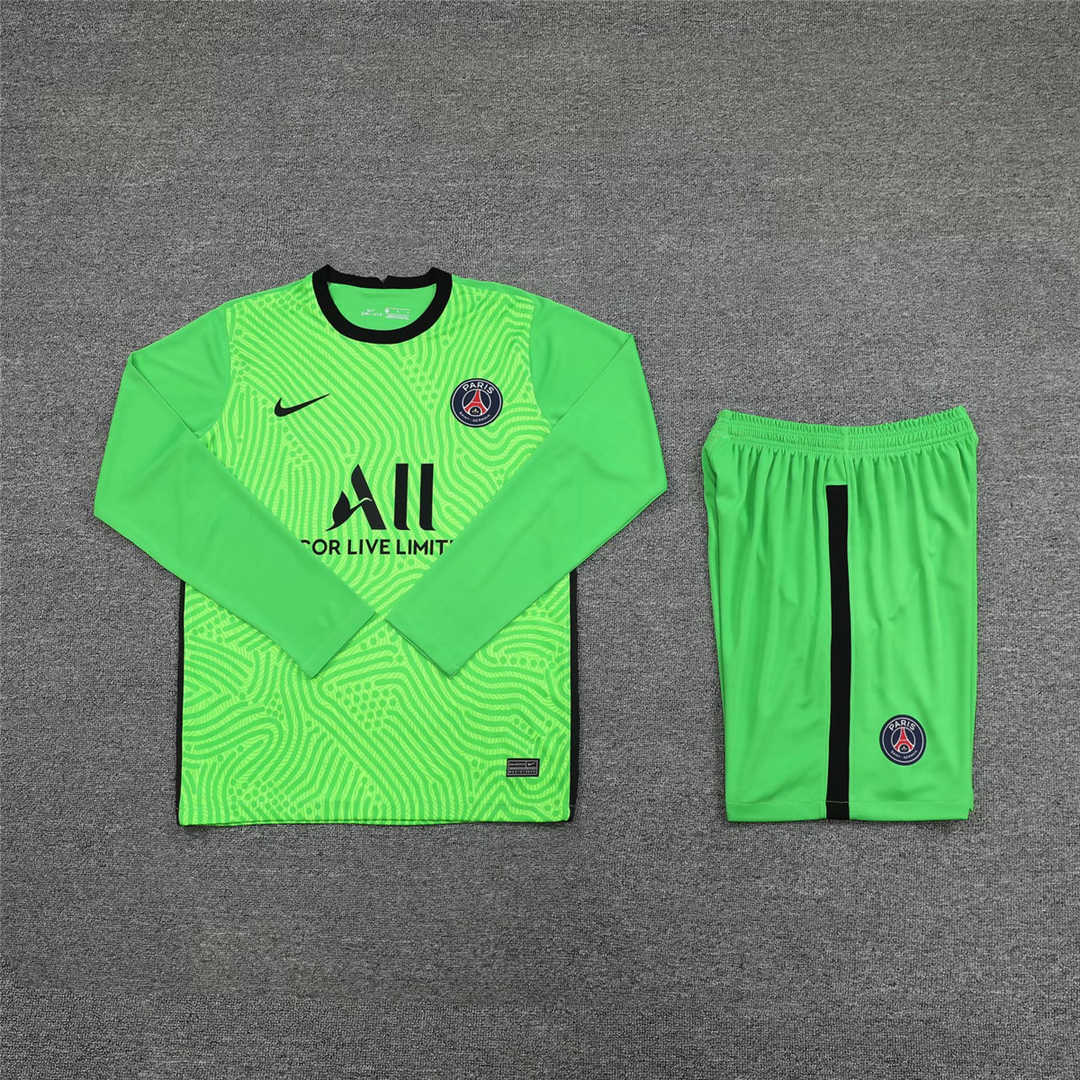 2020/21 PSG Goalkeeper Green Long Sleeve Mens Soccer Jersey Replica  + Shorts Set