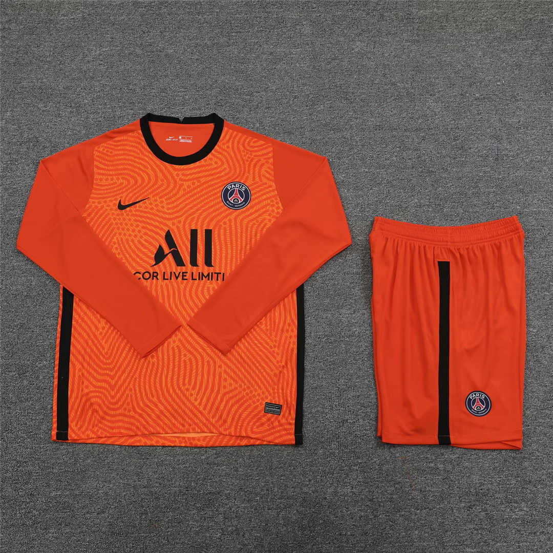 2020/21 PSG Goalkeeper Orange Long Sleeve Mens Soccer Jersey Replica  + Shorts Set