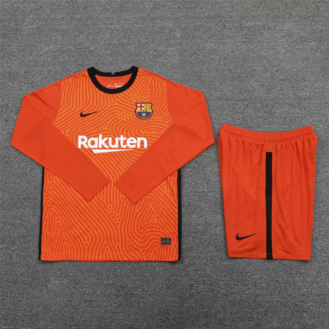 2020/21 Barcelona Goalkeeper Orange Long Sleeve Mens Soccer Jersey Replica  + Shorts Set