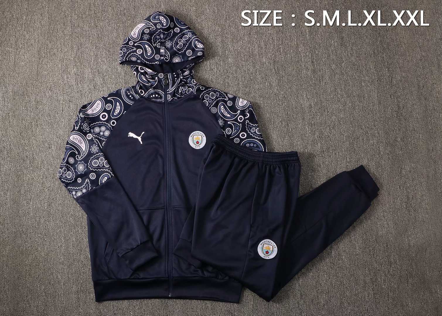 2020/21 Manchester City Hoodie Navy Soccer Training Suit (Jacket + Pants) Mens